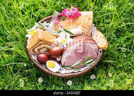 Easter traditional food with ham, eggs and bread in basket. Holidays background outdoor. Easter basket filled with all sorts of delicious delicatessen Stock Photo