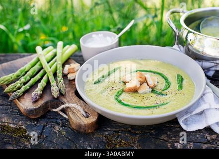 Fresh Asparagus creamy soup on wooden table outside in the garden Stock Photo