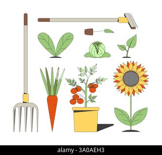 Gardening tools, vegetables and plants 2D cartoon object Stock Vector