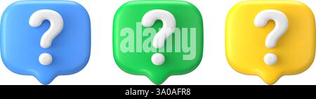 3d question mark. Bubble ask icon faq. Set of vector render signs to help users and find solutions in their doubts. Stock Vector
