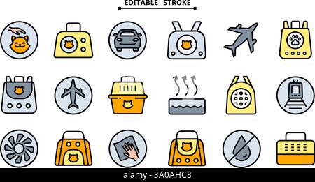 Pet Carrier Color Symbol Collection. Editable stroke. Pet Accessories Icon for Dogs and Cats. Simple Icons for Pet Shops, Veterinary Care, and Animal Stock Vector