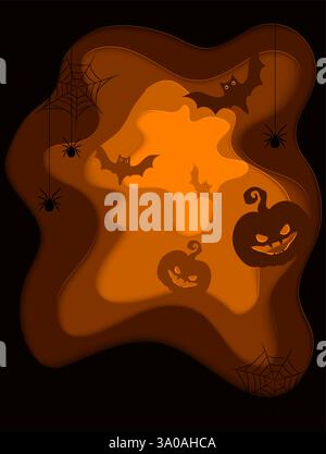 Scarry halloween background with pumpkins and flying bats, trendy style Stock Vector