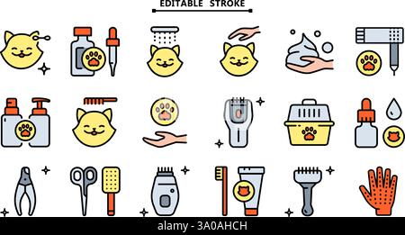 Pet grooming salon icons set. Editable stroke. Taking care of cats and dogs. Veterinarian services. Simple vector icons for ui and ux, website or mobi Stock Vector