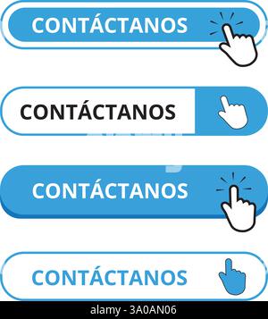 White and blue contactanos button with a hand clicking on a white background  (trad. contact us) Stock Vector