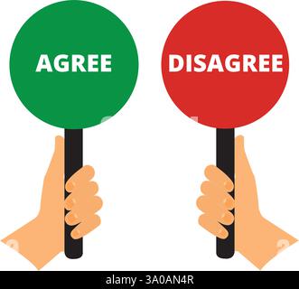 Hands holding red and green round signs with agree and disagree words written on them Stock Vector