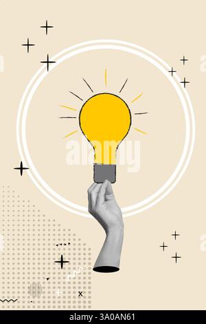 Collage of a hand holding a yellow light bulb in a white circle on a beige background Stock Photo