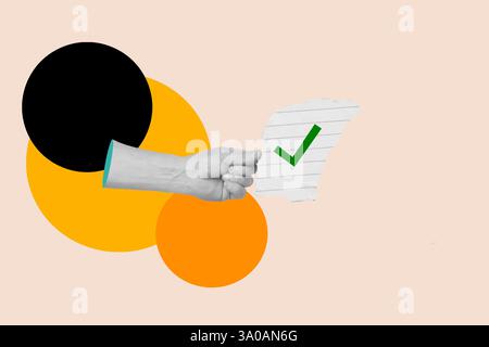Collage of a man hand holding a striped paper with a green check mark on colored circles on a beige background Stock Photo