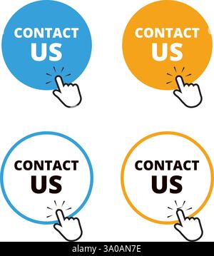 Blue and orange contact us round button with a hand clicking on a white background Stock Vector