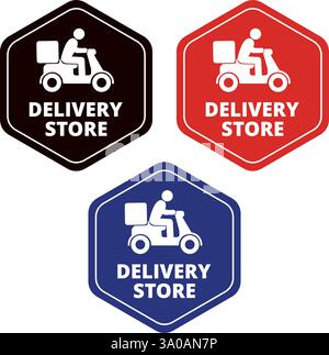 Three colored delivery store signs with icons on a white background Stock Vector