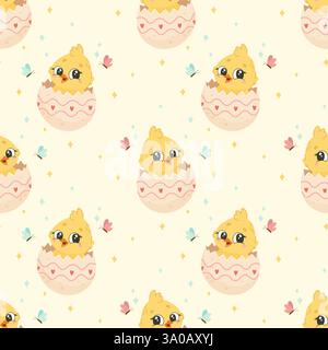 Seamless Easter Pattern with Hatching Chicks and Butterflies. Cute Digital Background for Fabrics, Wrapping Paper, and Scrapbooking Stock Vector