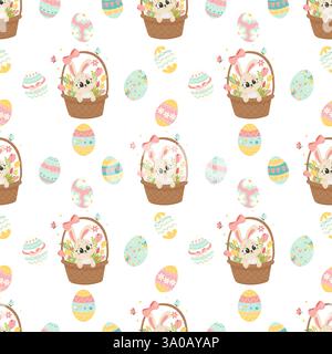 Easter Pattern with Bunny in a Basket and Decorated Eggs. Cute Digital Paper for Scrapbooking, Stickers, and Wrapping Paper Stock Vector