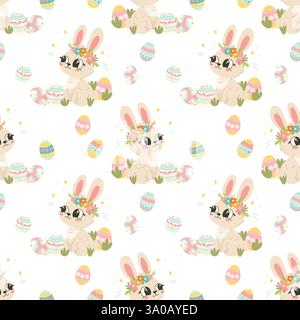 Seamless Easter Bunny and Eggs Pattern. Hand-Drawn Spring Digital Paper for DIY, Fabric, and Print Projects Stock Vector