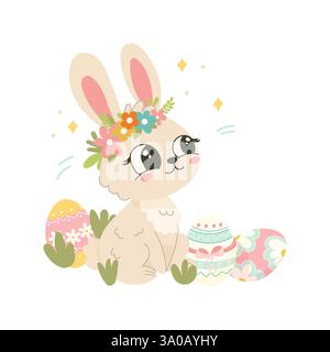 Easter Bunny with Floral Wreath and Decorated Eggs. Cute Spring Illustration for Cards, Stickers, Posters, and Scrapbooking Stock Vector