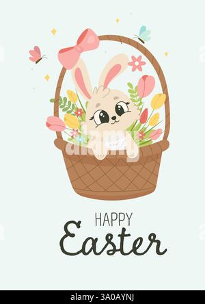 Adorable Easter Bunny in a Basket with Flowers. Spring Clipart for Cards, Posters, Scrapbooking, and DIY Projects Stock Vector