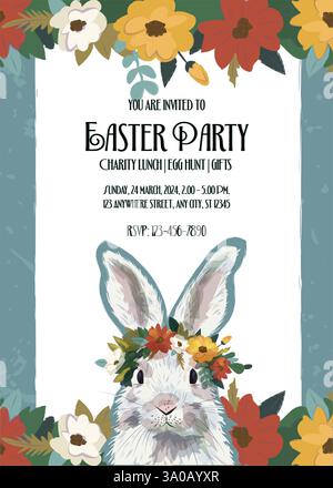 Easter egg hunt invitation template. A rabbit wearing floral wreath surrounded with bold wild flowers. Flyer for charity lunch, egg hunt, and gift sal Stock Vector