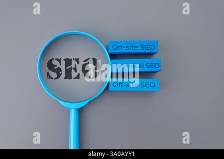 A magnifying glass with the letters "SEO" next to three blocks labeled "On-site SEO," "Technical SEO," and "Off-site SEO." Search engine optimization Stock Photo
