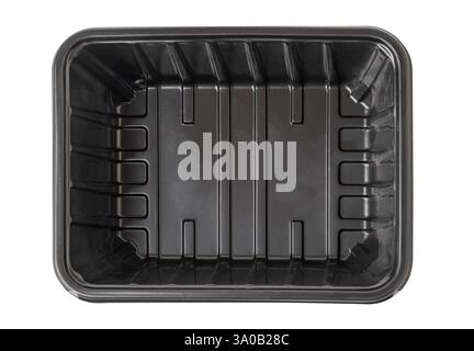 Empty black plastic food tray isolated on white background, ready for packaging cut out Stock Photo