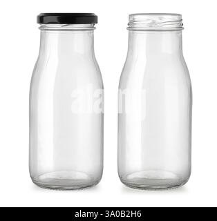Two empty glass bottles isolated on white background, one with black cap and one open Stock Photo