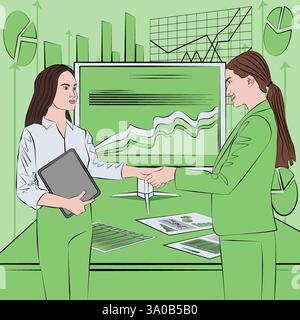 Businesswomen shaking hands at meeting in office. Successful business and financial agreement. Teamwork design concept. Flat vector illustration. Stock Vector