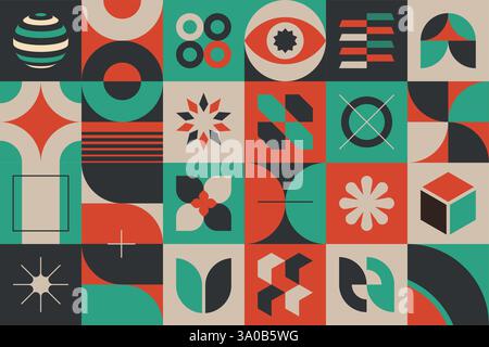 Neo geo seamless pattern with abstract geometric shapes and symbols. Minimalist, brutalist, and bauhaus design. Swiss style postmodern wallpaper with structured blocks. EPS10 vector graphic. Stock Vector