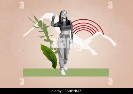 Sketch template design 3D photo collage composite of young lady walk step bamboo leaves mountain asia culture design pattern ornamental Stock Photo