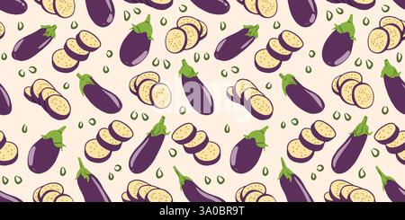 Eggplant whole and slices in flat style seamless pattern. Vector vegetable background Stock Vector