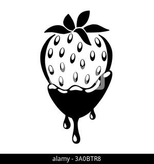 Three drops of melted chocolate dripping off strawberries. Ink fruit vector icon Stock Vector