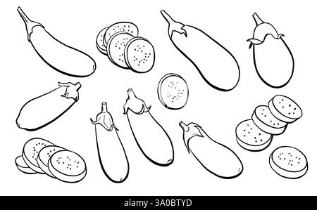 Eggplant vegetables whole and slices collection outline. Vector line vegan food icon set Stock Vector