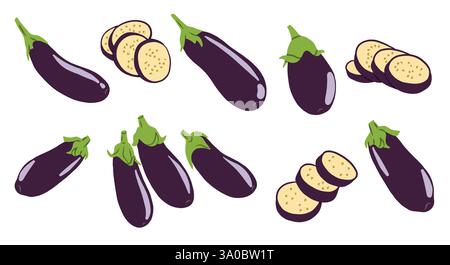 Eggplant vegetables whole and slices flat symbol set. Vector vegan food icon collection Stock Vector