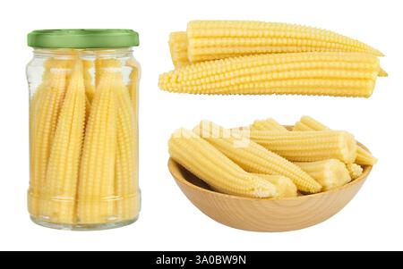 Jar of pickled young baby corn cobs isolated on white background Stock Photo