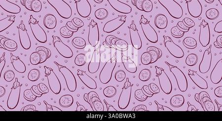 Eggplant whole and slices contour seamless pattern. Vector vegetable line background Stock Vector