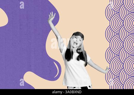 Trend template sketch design 3D photo collage of asia culture ornamental design pattern texture young lady wakeup nightwear sleepover Stock Photo