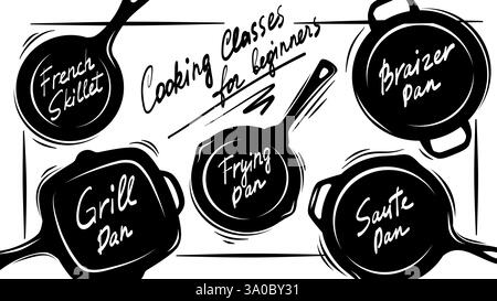 Pan silhouettes banner for cooking classes for beginners. Vector food background for chef with French skillet, grill pan, frying pan, saute pan, braiz Stock Vector