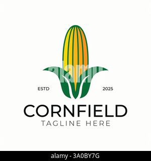 Modern and Minimalist Cornfield Logo with Green Leaves and Yellow Corn Cob Stock Vector