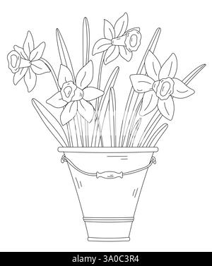 Spring Coloring Page For Adults And Kids With Daffodils In A Bucket Stock Vector