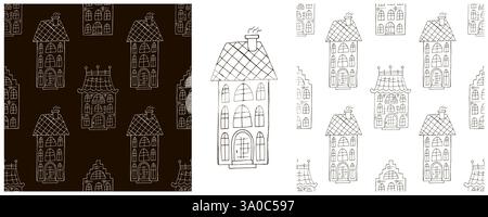 Set Seamless patterns with decorative Monochrome houses. Building, residential. Pattern in hand draw style, created for fabrics, textiles, wrapping pa Stock Vector