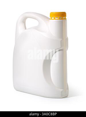 White plastic gallon bottle with yellow cap, isolated on white background, representing cleaning products or chemicals Stock Photo