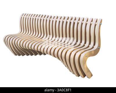 Stylish wooden bench with curved lines isolated on a white background, representing innovative furniture design Stock Photo