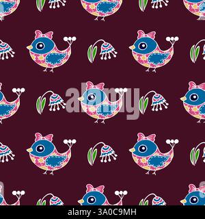 Red pattern. Folk bird and flower ornament. Pattern in hand drawn style. Print for design, textile, wrapping paper, children's room decoration, etc Stock Vector