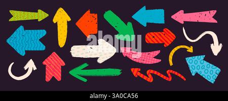 Hand drawn vector arrows with various patterns in rough rustic style. Stock Vector