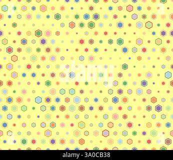 Abstract pattern of hexagon shapes. Multicolored geometric elements of varied size. Hexagon bold mosaic cell with padding and inner solid cells. Stock Vector