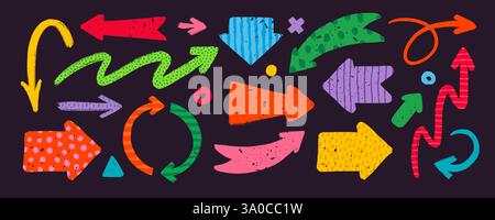 Hand drawn vector arrows with various patterns in rough rustic style. Stock Vector