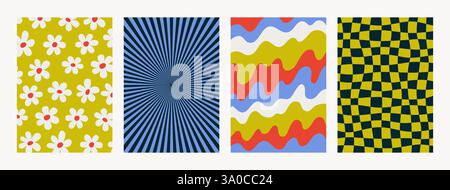 Abstract psychedelic retro pattern set. Groovy backgrounds in retro colors. Trendy funky vector textures in abstract y2k style. Vector graphic for Stock Vector