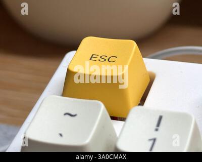 Yellow esc button at close range on mechanical keyboard for programmer Stock Photo