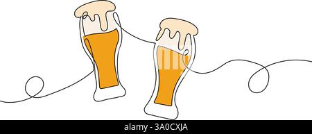 A minimalist one-line drawing of two beer glasses, capturing a moment of celebration and togetherness. Stock Vector