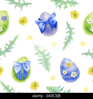 Wild flowers lovely Easter seamless pattern with Easter eggs and blue bows. Hand drawn watercolor isolated on white background. Easter Design for Stock Photo