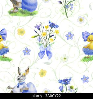 Wild flowers lovely Easter seamless pattern with Easter bunny and baby chicken. Hand drawn watercolor isolated on white background. Easter Design for Stock Photo