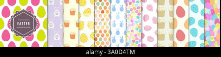 Collection of colorful Easter seamless drawing patterns. Holiday repeatable cute artistic hand drawn backgrounds with eggs, pie and rabbits. Bright Stock Vector
