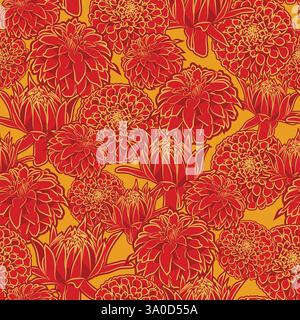 A seamless vector pattern of delicate line art dahlia flowers, leaves outlined in vibrant bright red, yellow lines on an isolated gold background Stock Vector
