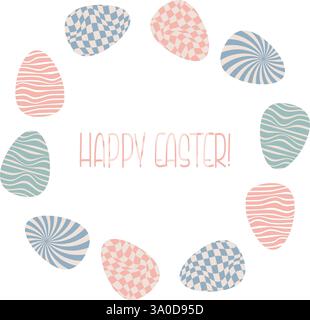 Frame Border From Easter Eggs with Groovy Distorted Checkered and Uneven Stripes Pattern. Retro Twisted Waves Trippy Grid and Hippie Wave Stripe Stock Vector